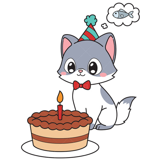 Royalty-free vector illustration of a funny birthday cat thinking about fish.