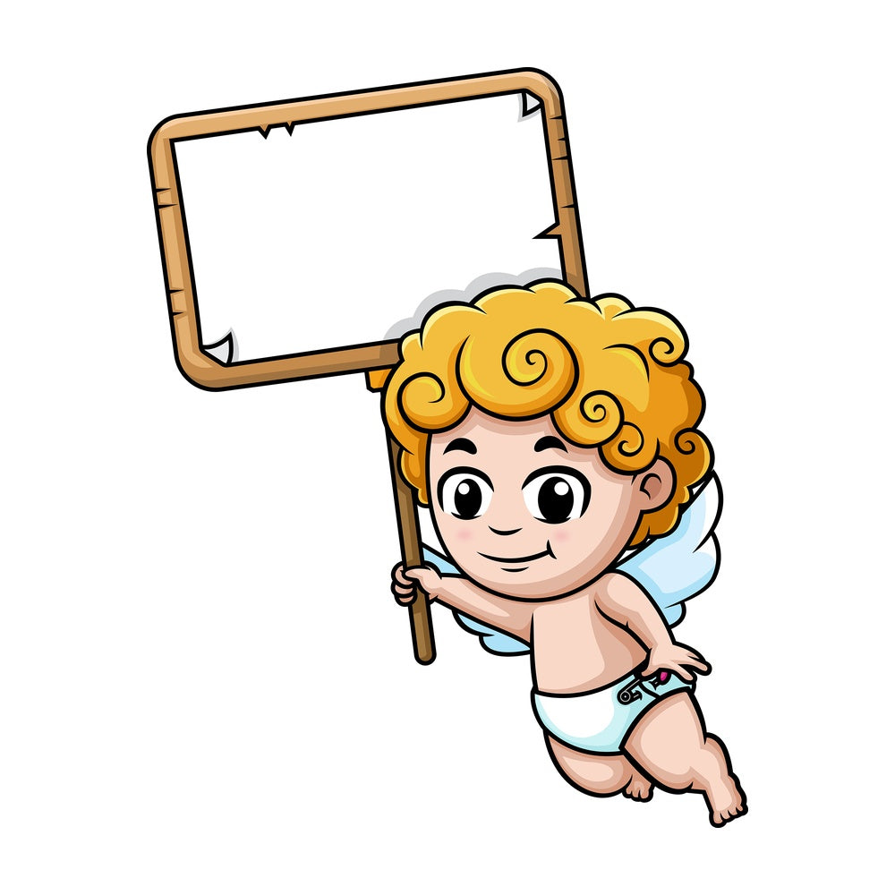 Cupid holding blank sign. PNG - JPG and vector EPS (infinitely scalable).||