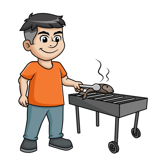 Man grilling fish. PNG - JPG and vector EPS (infinitely scalable). Image isolated on transparent background.