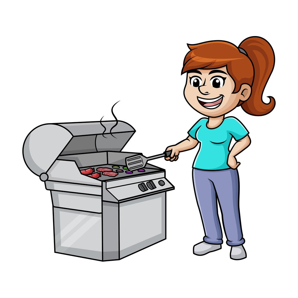 Woman cooking on the grill. PNG - JPG and vector EPS (infinitely scalable). Image isolated on transparent background.