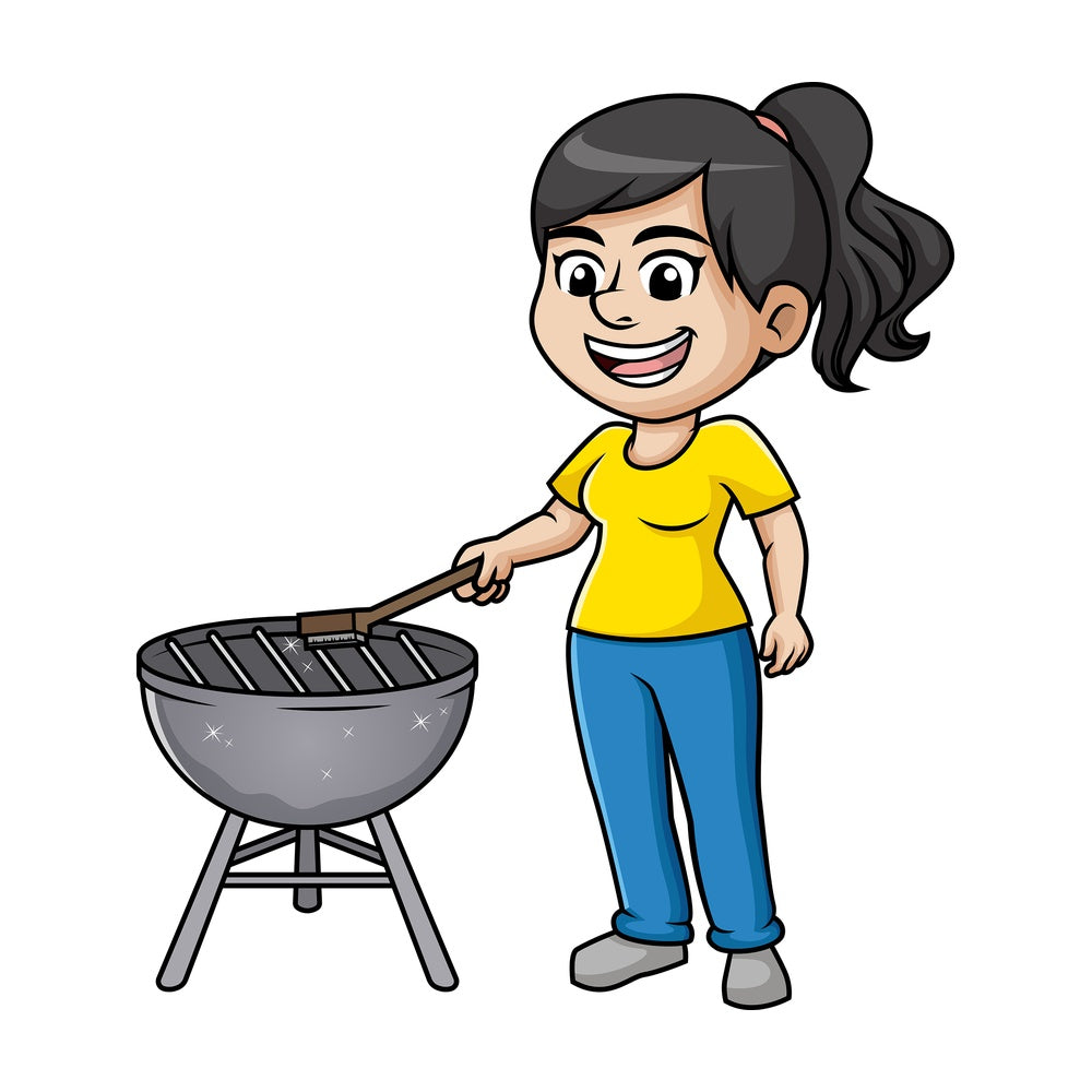 Woman cleaning bbq grill. PNG - JPG and vector EPS (infinitely scalable). Image isolated on transparent background.