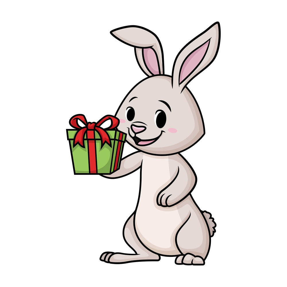 Excited easter bunny holding present. PNG - JPG and vector EPS (infinitely scalable).