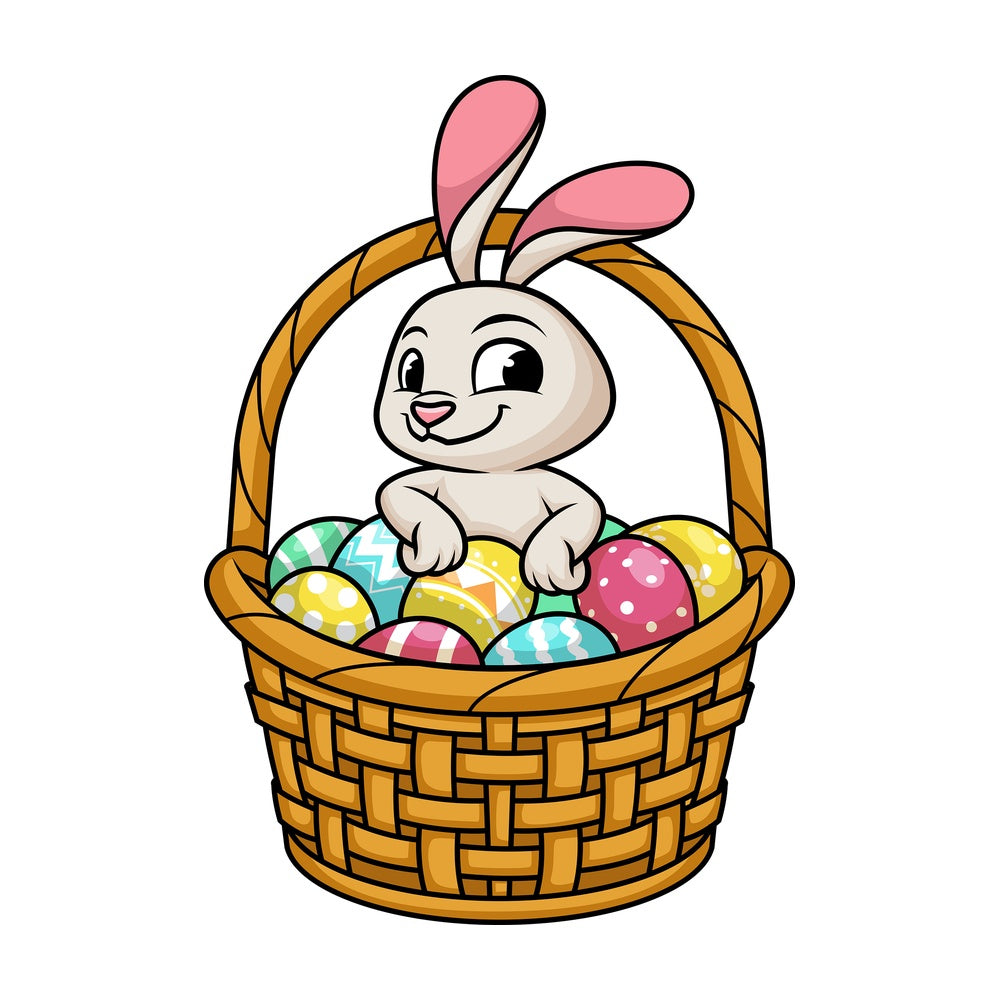 Cute bunny in basket with easter eggs. PNG - JPG and vector EPS (infinitely scalable).
