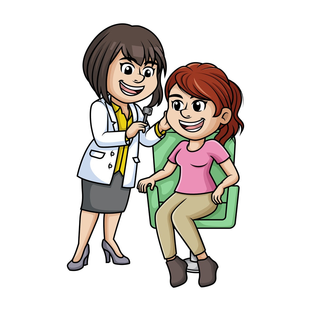 Woman getting her ear checked. PNG - JPG and vector EPS (infinitely scalable).