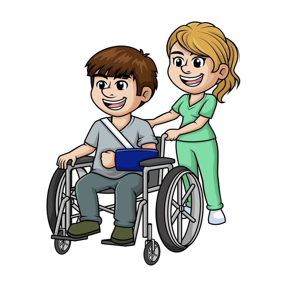 Nurse aiding man in wheelchair. PNG - JPG and vector EPS (infinitely scalable).