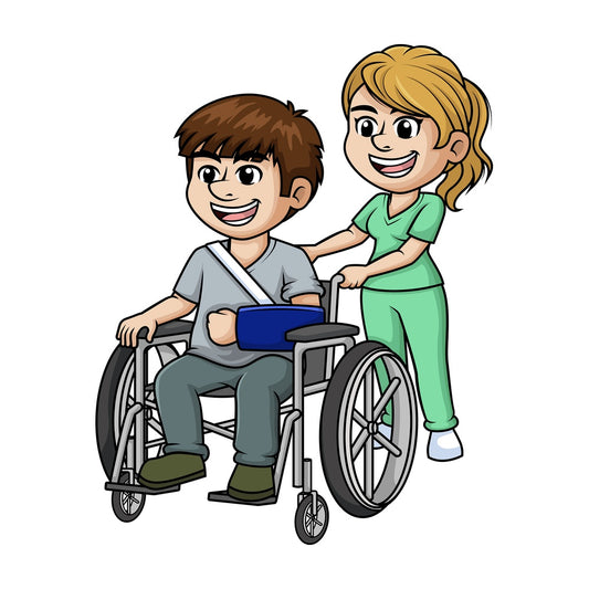 Nurse aiding man in wheelchair. PNG - JPG and vector EPS (infinitely scalable).