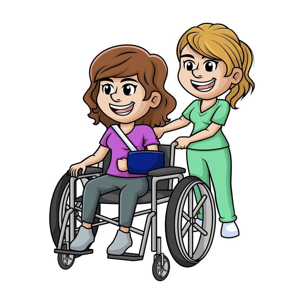 Nurse helping woman in wheelchair. PNG - JPG and vector EPS (infinitely scalable).