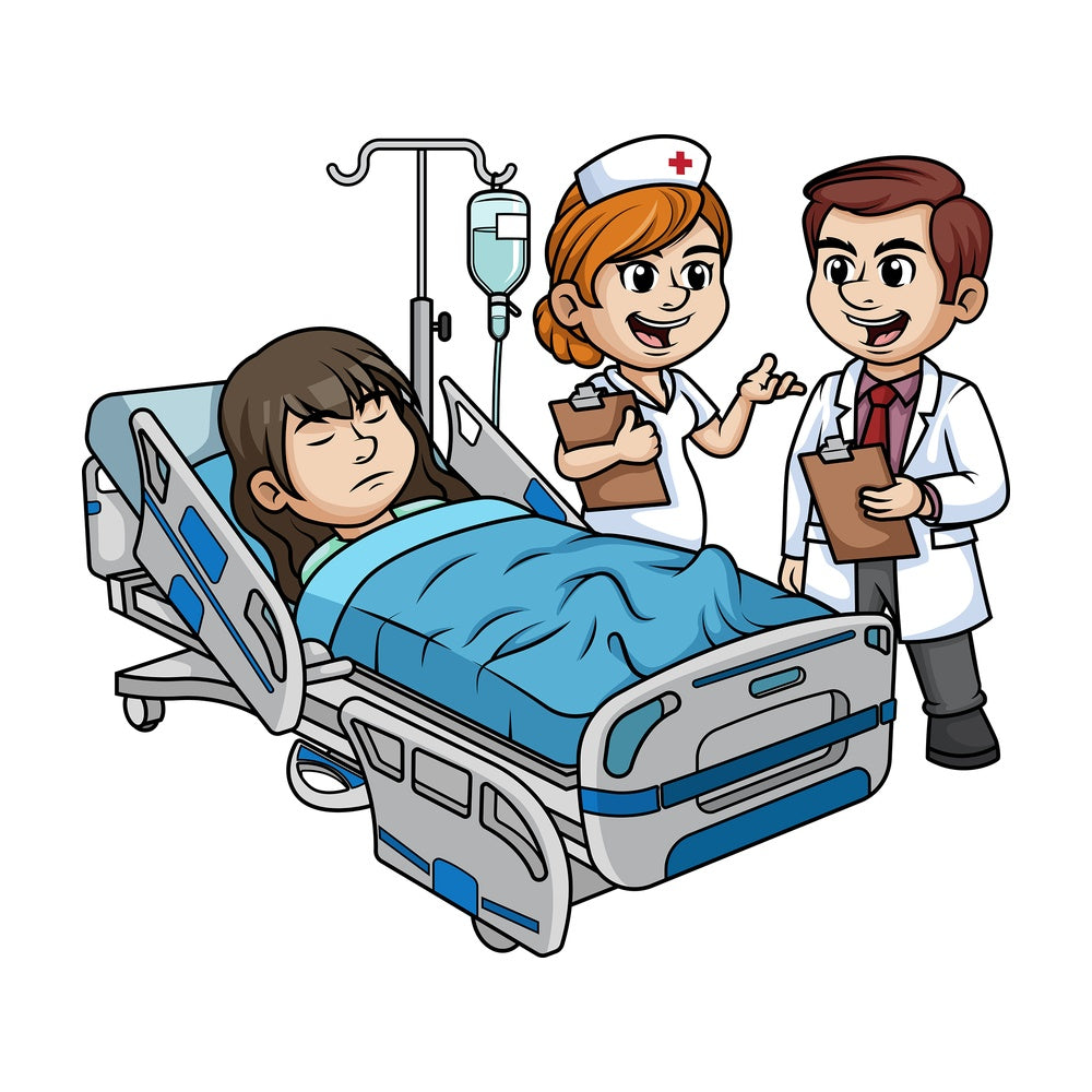 Hospital staff with female patient. PNG - JPG and vector EPS (infinitely scalable).