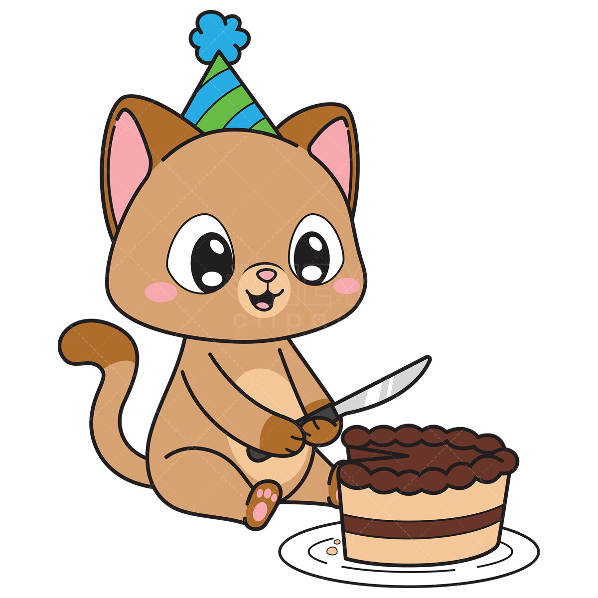 Royalty-free vector illustration of a birthday cat cutting cake with knife.