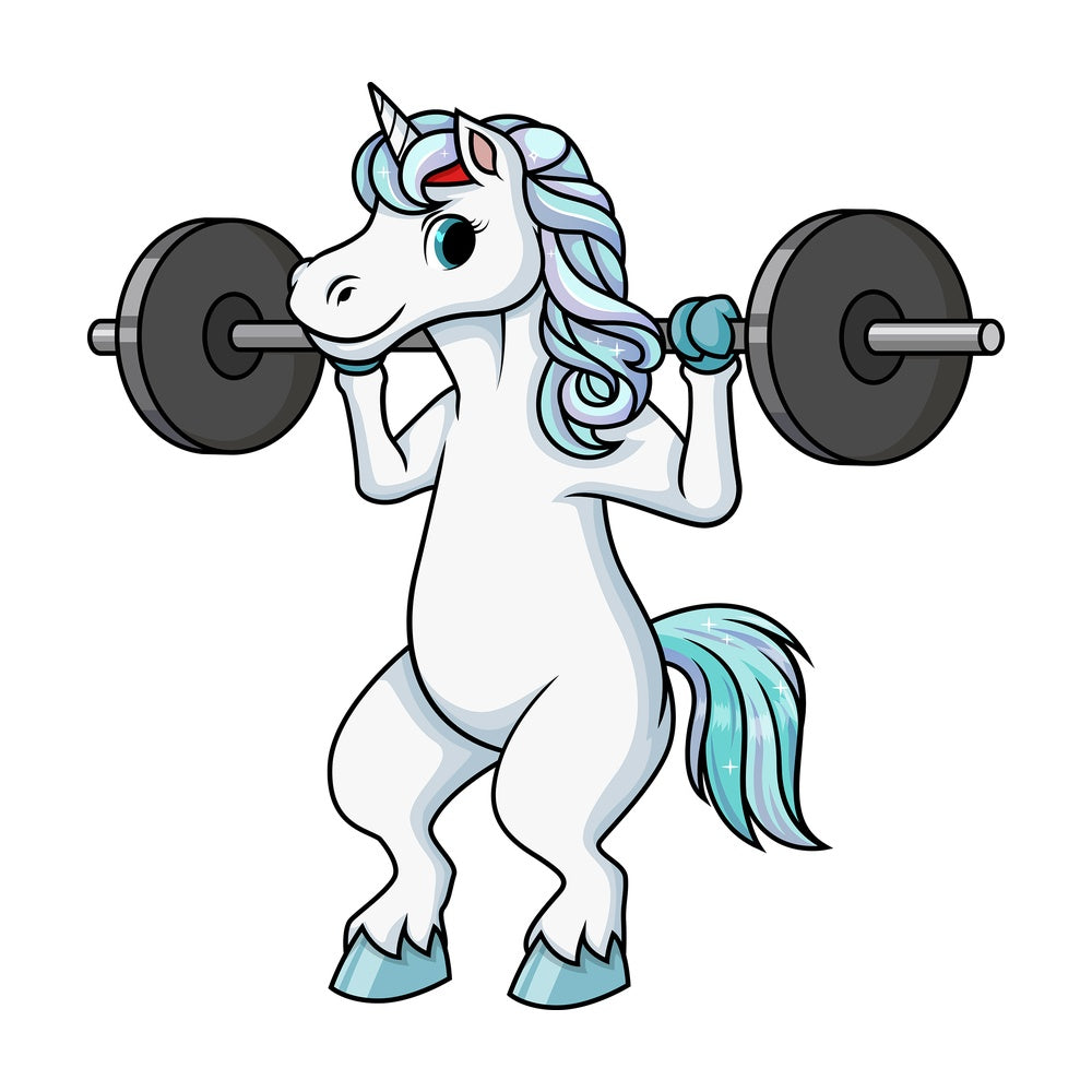 Unicorn doing squats with barbell. PNG - JPG and vector EPS (infinitely scalable).