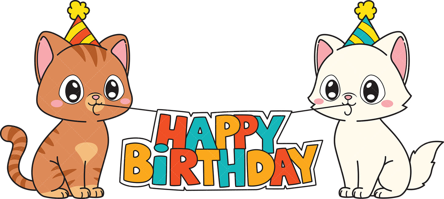 Royalty-free vector illustration of cats holding happy birthday decoration.