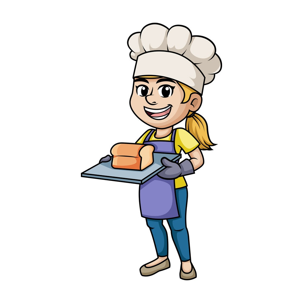 Female baker holding loaf of bread. PNG - JPG and vector EPS (infinitely scalable). Image isolated on transparent background.