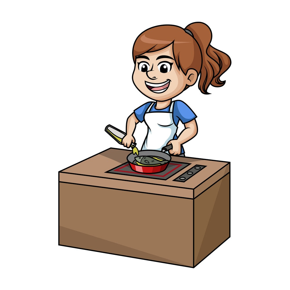 Woman frying fish. PNG - JPG and vector EPS (infinitely scalable).