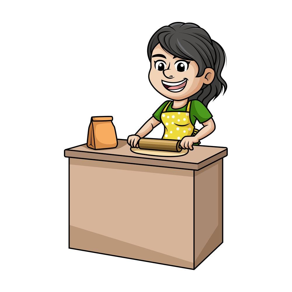 Woman stretching dough with rolling pin. PNG - JPG and vector EPS (infinitely scalable).