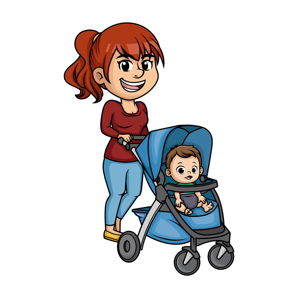 Mom pushing stroller. PNG - JPG and vector EPS (infinitely scalable). Image isolated on transparent background.