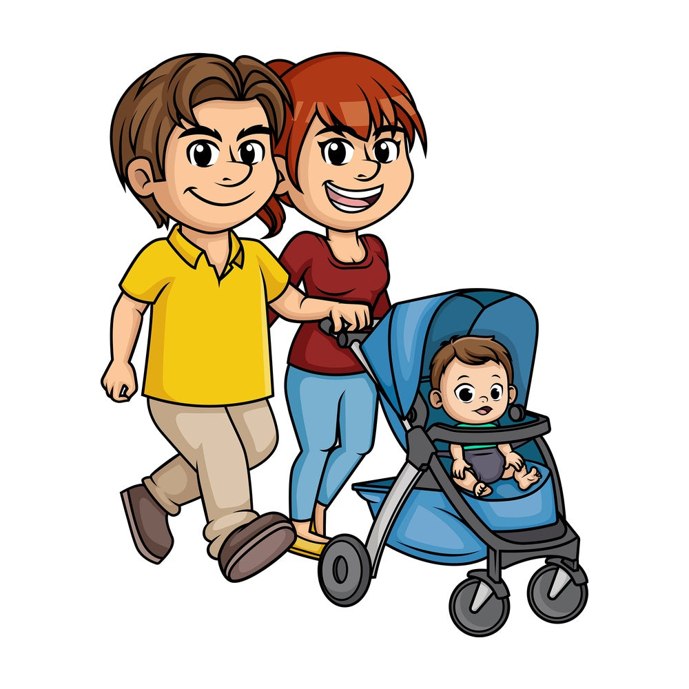 Parents with baby stroller. PNG - JPG and vector EPS (infinitely scalable). Image isolated on transparent background.