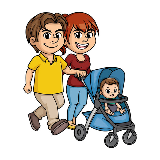 Parents with baby stroller. PNG - JPG and vector EPS (infinitely scalable). Image isolated on transparent background.
