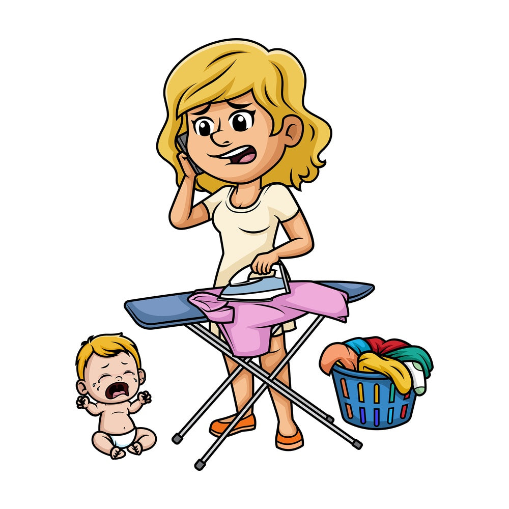 Overwhelmed mom ironing. PNG - JPG and vector EPS (infinitely scalable). Image isolated on transparent background.
