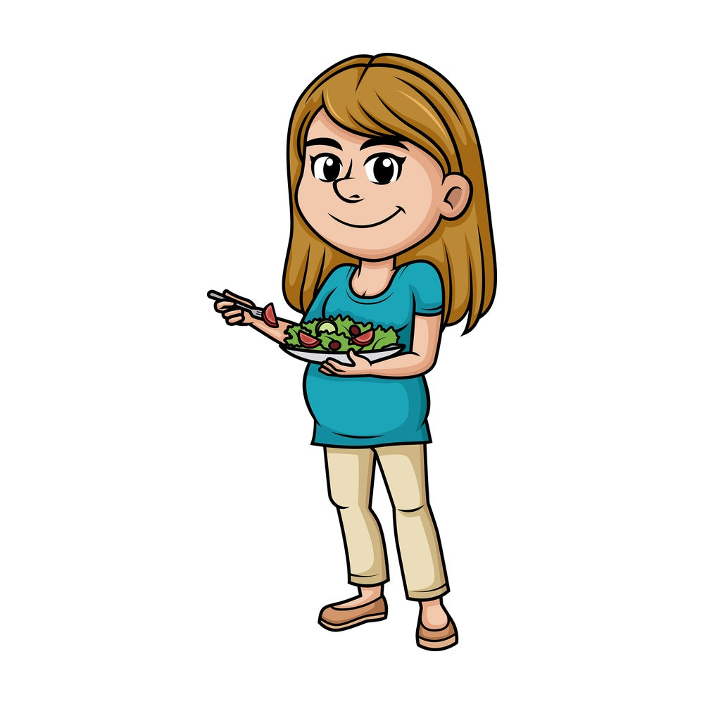 Pregnant woman eating healthy salad. PNG - JPG and vector EPS (infinitely scalable).