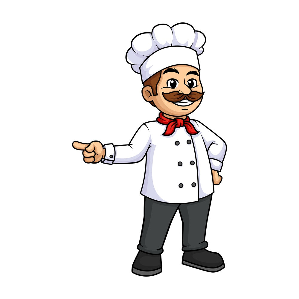 Male chef pointing to the side. PNG - JPG and vector EPS (infinitely scalable).