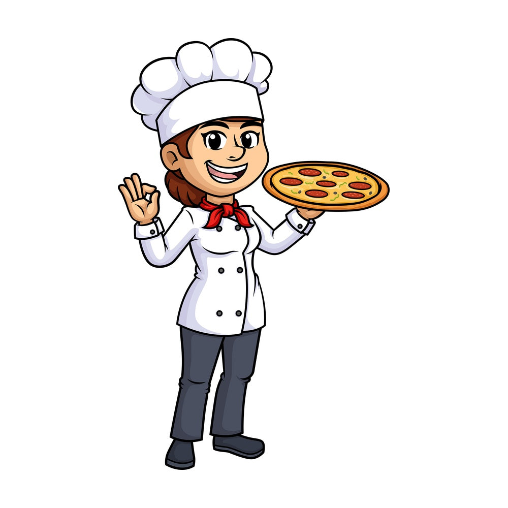 Female chef holding pizza. PNG - JPG and vector EPS (infinitely scalable).