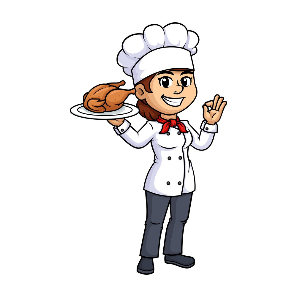 Female chef holding chicken. PNG - JPG and vector EPS (infinitely scalable).