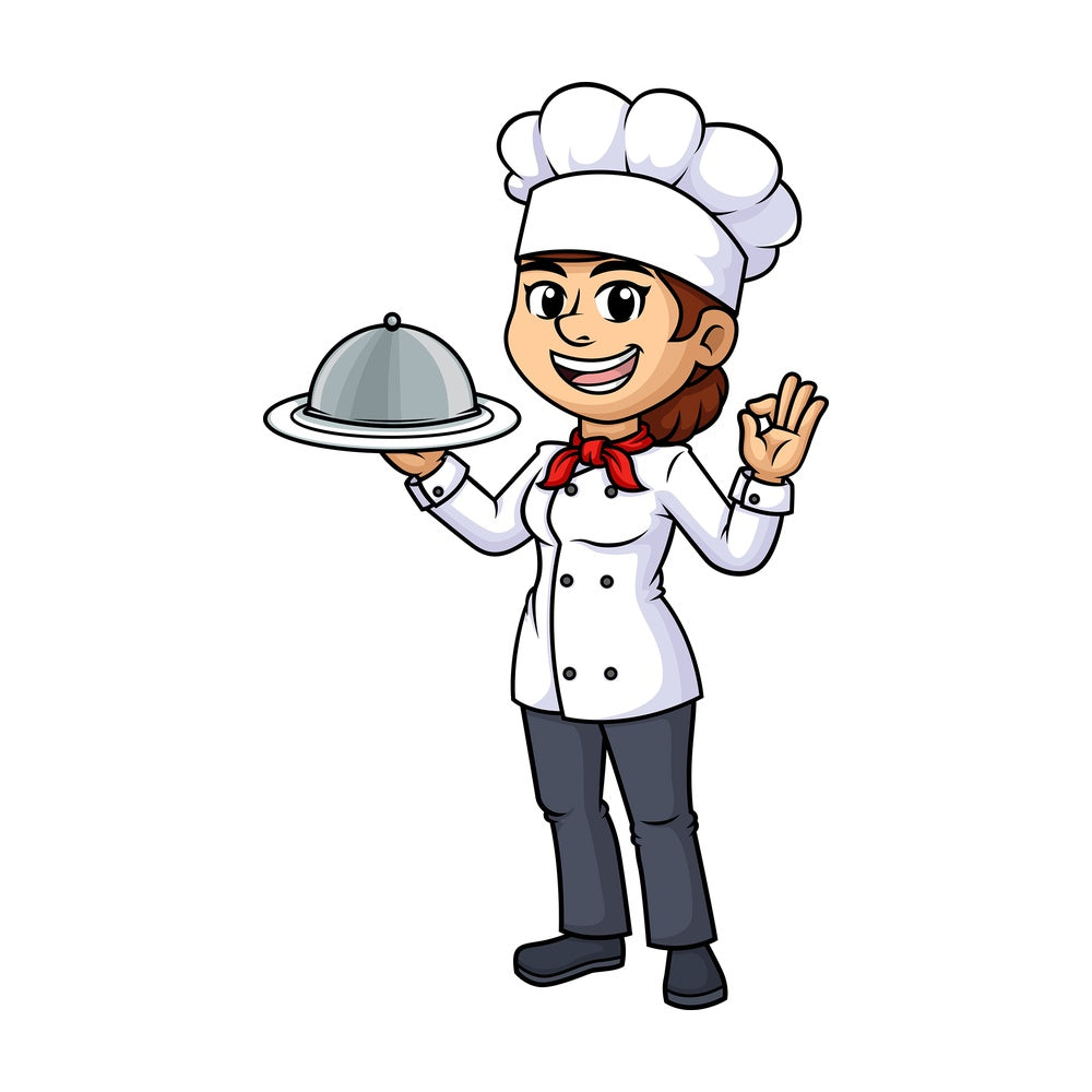 Female chef holding serving tray. PNG - JPG and vector EPS (infinitely scalable).