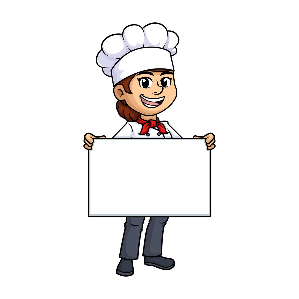 Female chef holding empty sign. PNG - JPG and vector EPS (infinitely scalable).