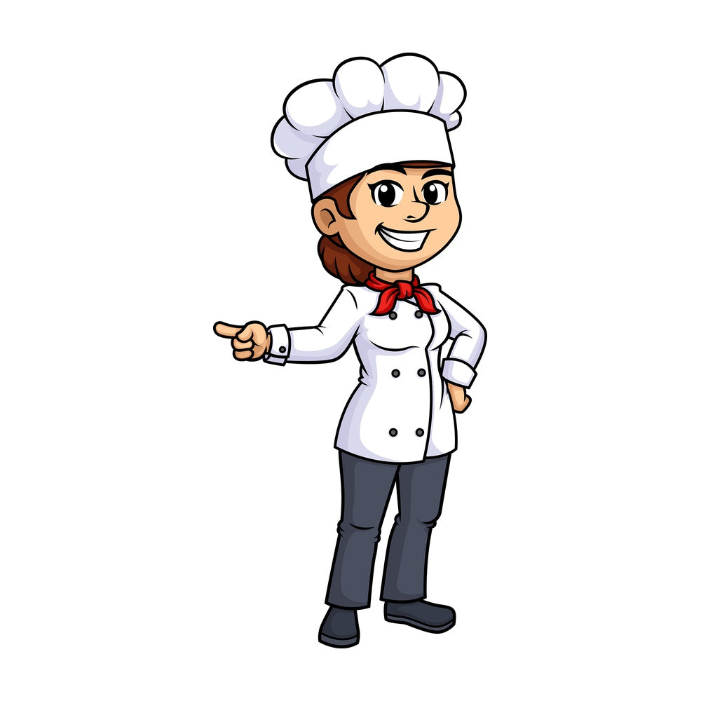 Female chef pointing to the side. PNG - JPG and vector EPS (infinitely scalable).