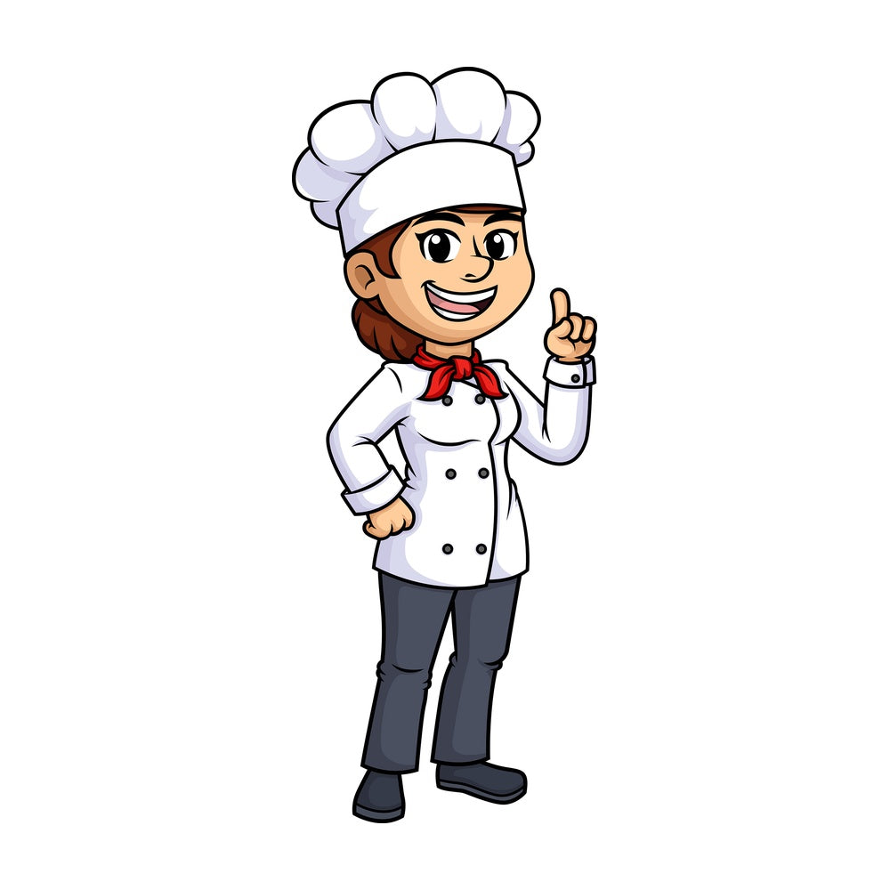 Female chef pointing up. PNG - JPG and vector EPS (infinitely scalable).