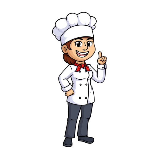 Female chef pointing up. PNG - JPG and vector EPS (infinitely scalable).