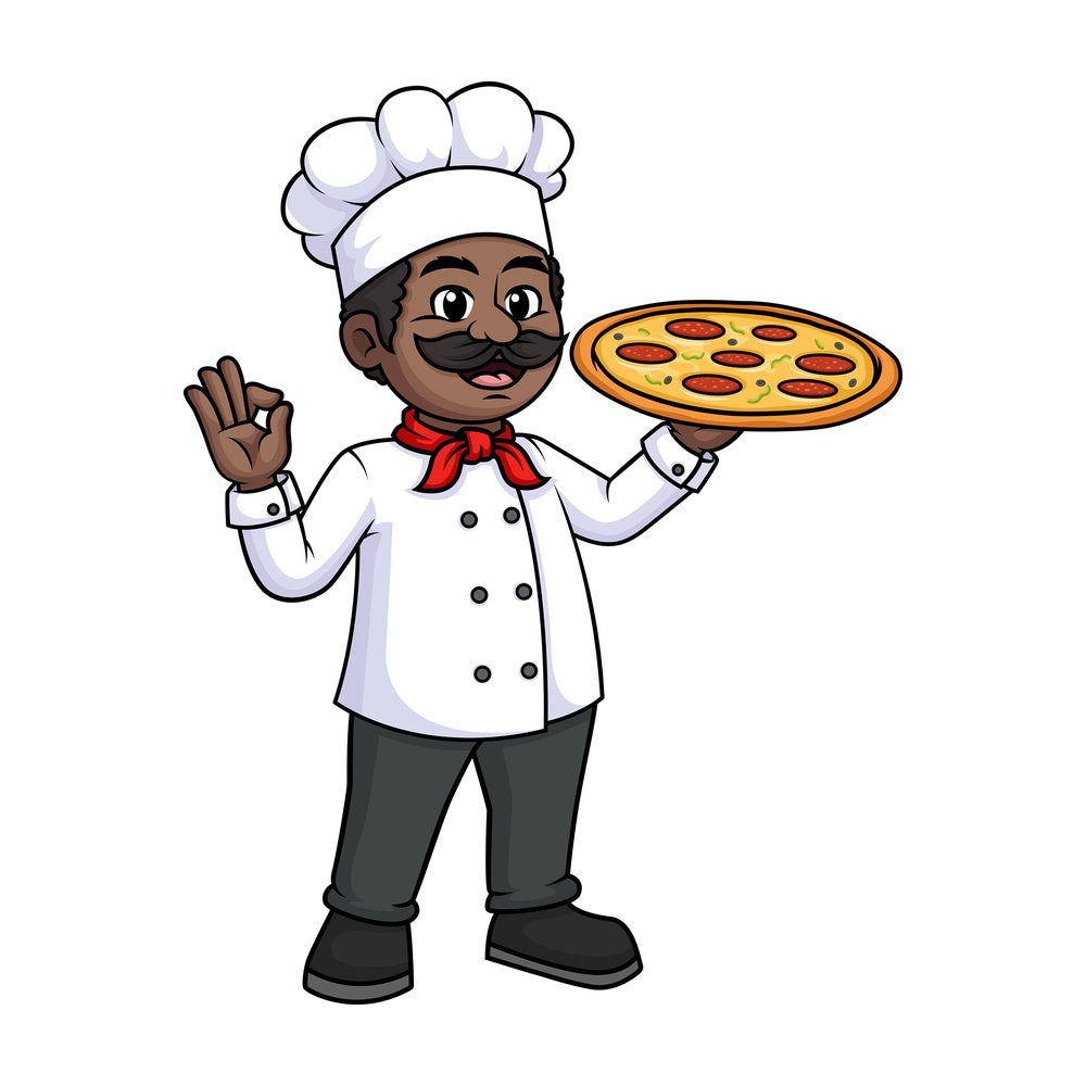 Black male chef holding pizza. PNG - JPG and vector EPS (infinitely scalable).
