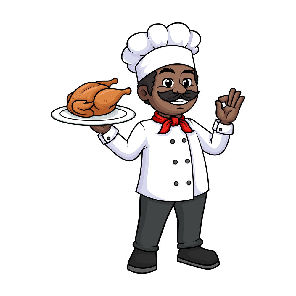 Black male chef holding chicken. PNG - JPG and vector EPS (infinitely scalable).