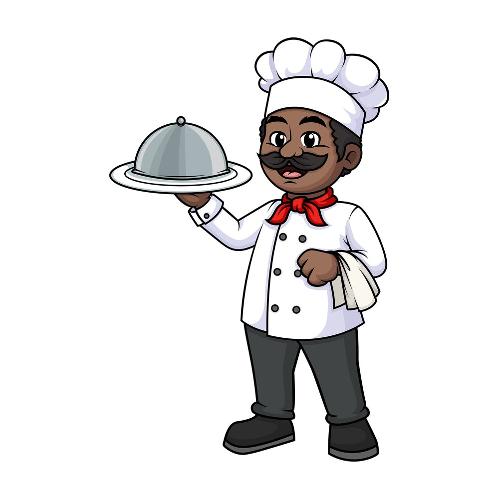 Black male chef holding spatula. PNG - JPG and vector EPS (infinitely scalable).
