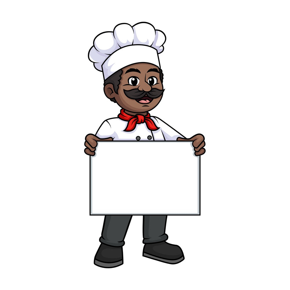 Black male chef holding empty sign. PNG - JPG and vector EPS (infinitely scalable).