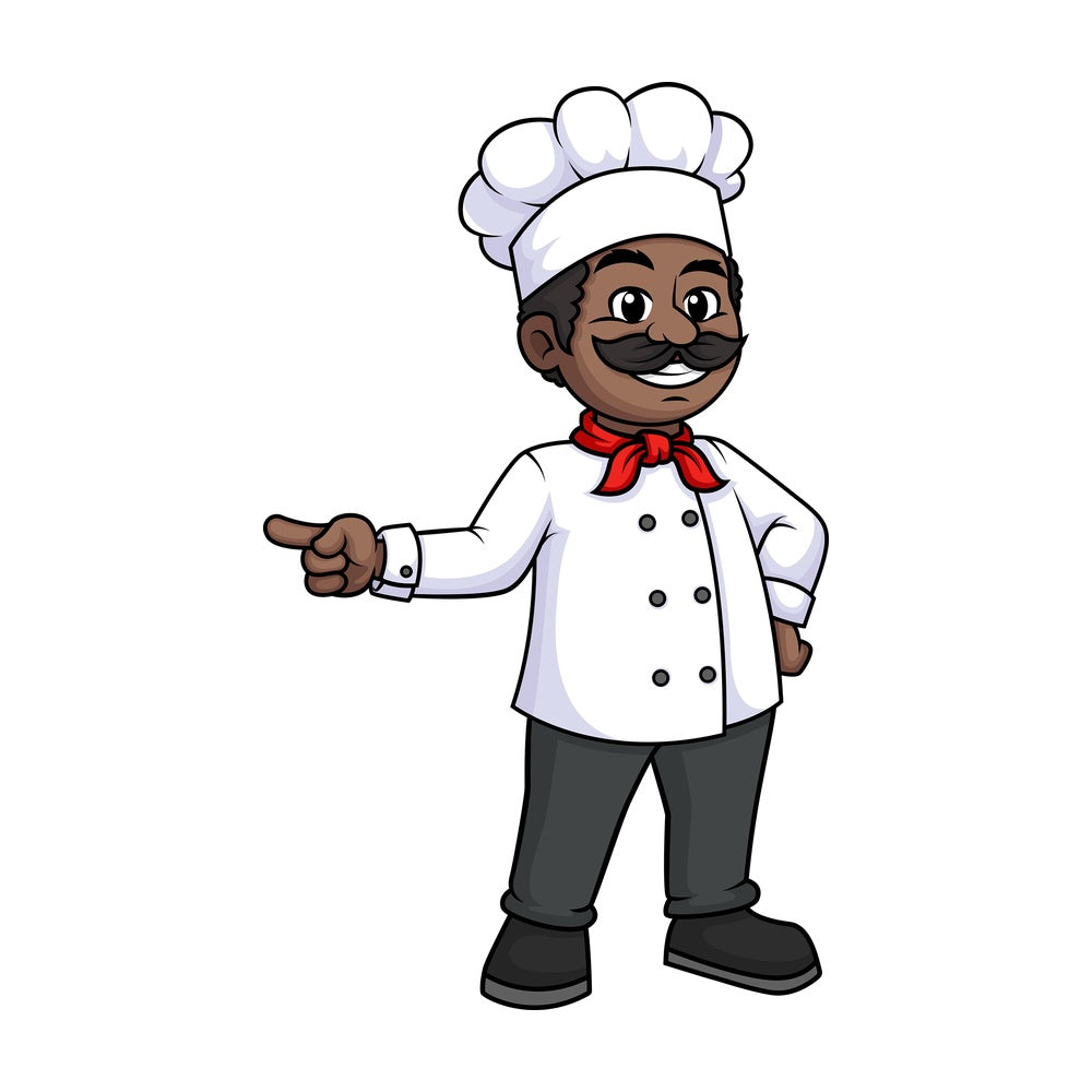 Black male chef pointing to the side. PNG - JPG and vector EPS (infinitely scalable).