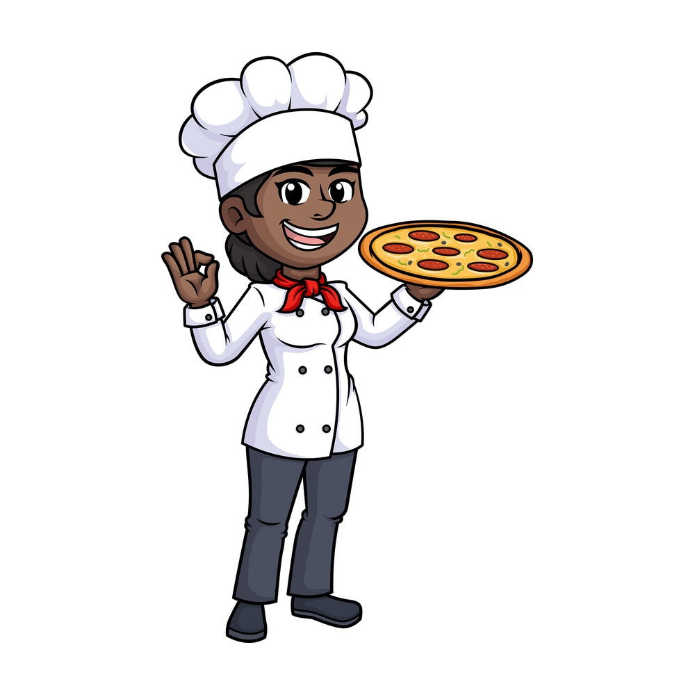 Black female chef holding pizza. PNG - JPG and vector EPS (infinitely scalable).