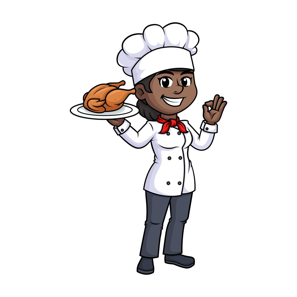 Black female chef holding chicken. PNG - JPG and vector EPS (infinitely scalable).