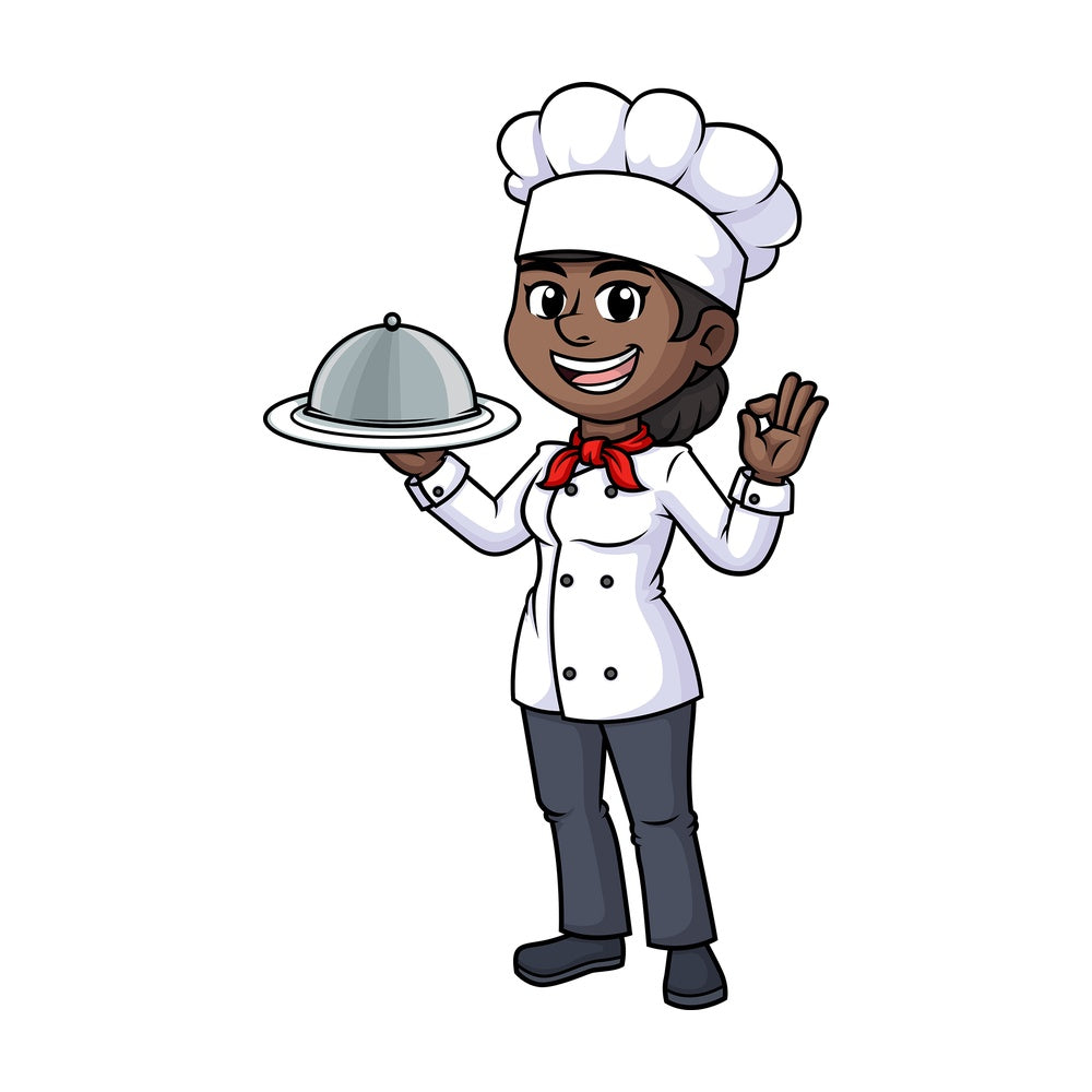 Black female chef holding serving tray. PNG - JPG and vector EPS (infinitely scalable).