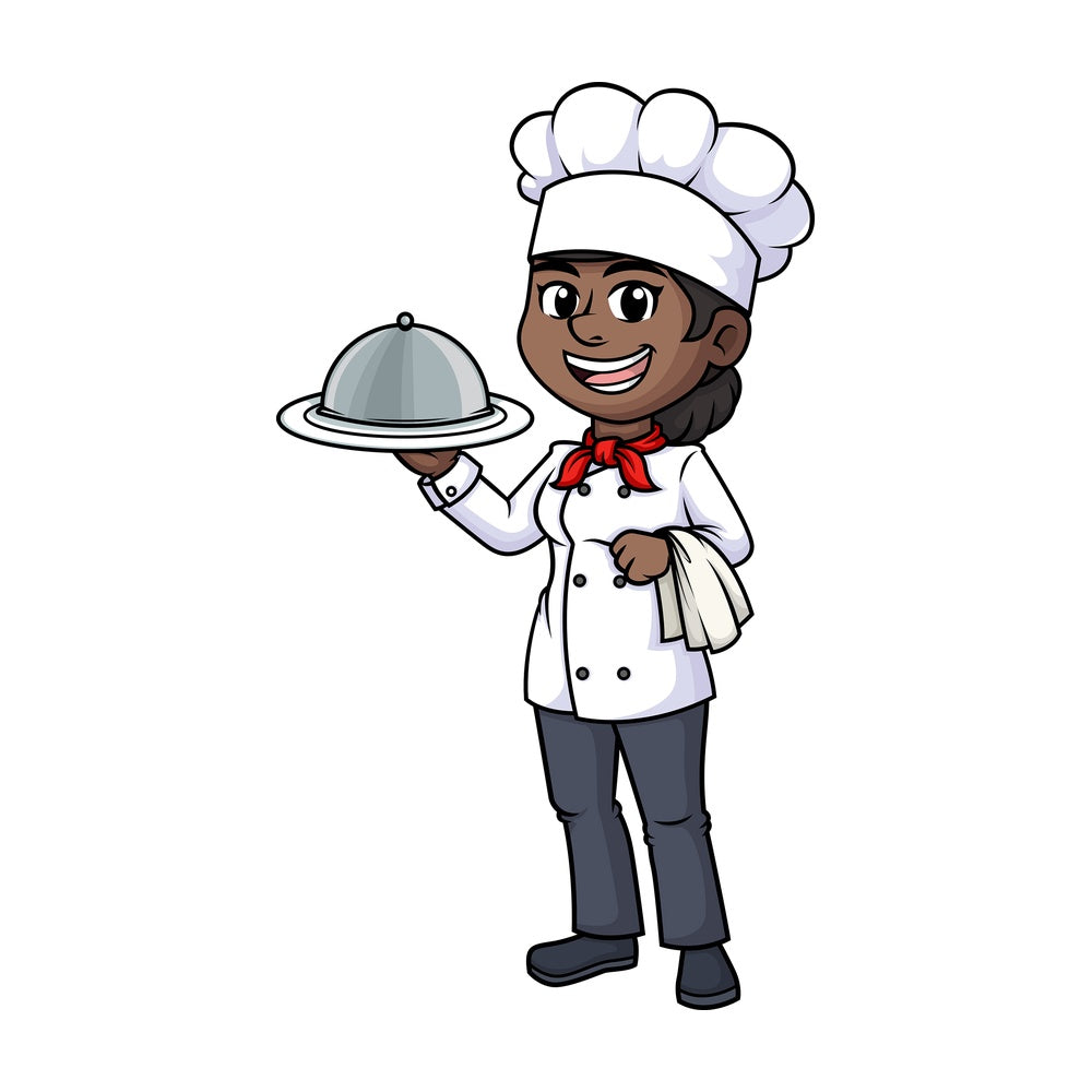 Black female chef holding spatula. PNG - JPG and vector EPS (infinitely scalable).