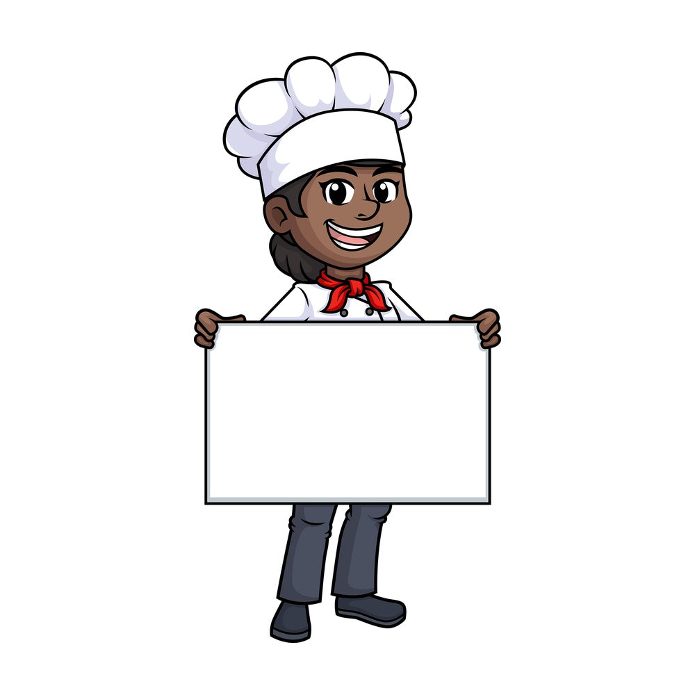 Black female chef holding empty sign. PNG - JPG and vector EPS (infinitely scalable).