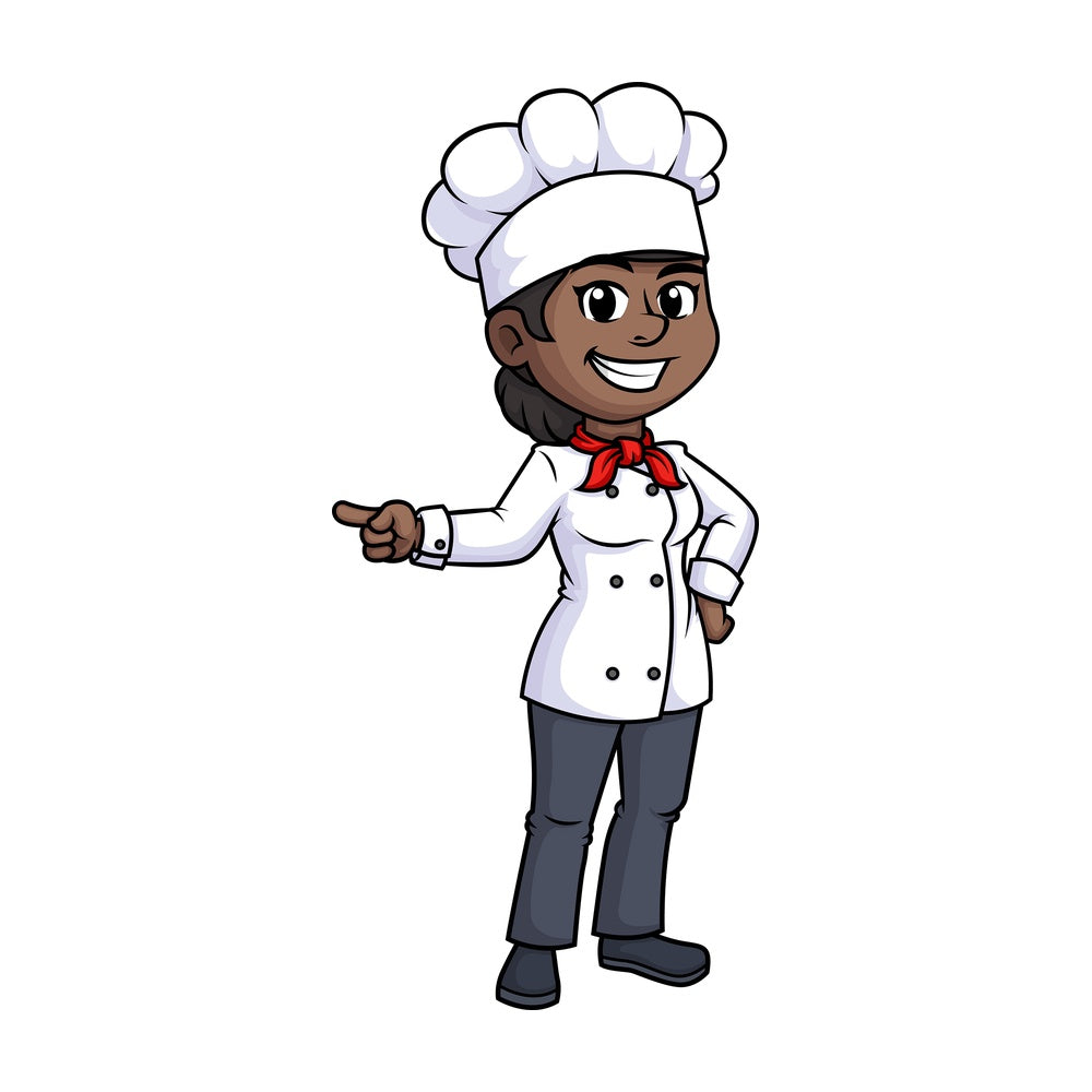 Black female chef pointing sideways. PNG - JPG and vector EPS (infinitely scalable).