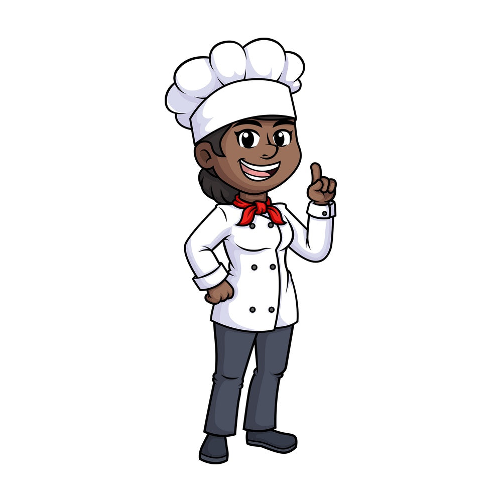 Black female chef pointing up. PNG - JPG and vector EPS (infinitely scalable).