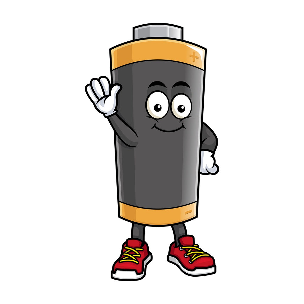 Battery mascot waving. PNG - JPG and vector EPS (infinitely scalable).