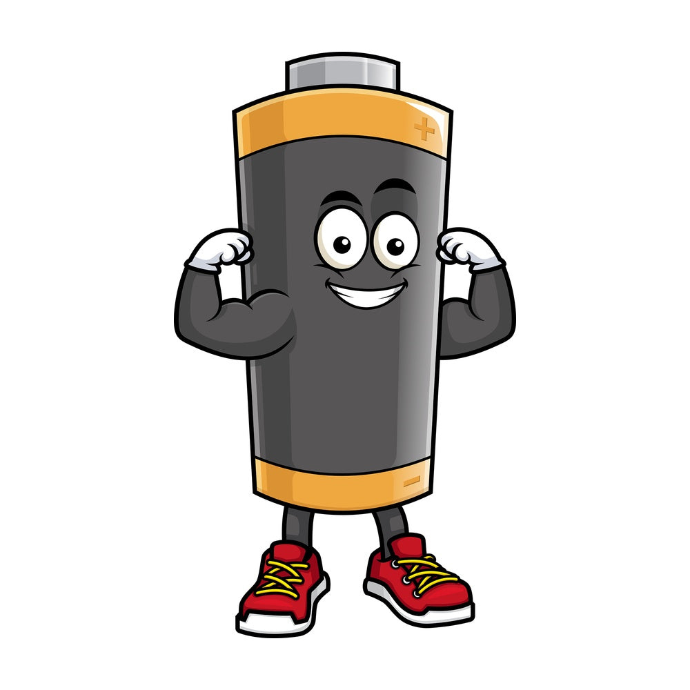 Battery mascot flexing muscles. PNG - JPG and vector EPS (infinitely scalable).