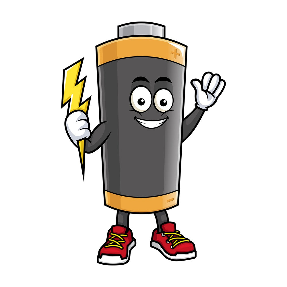Battery mascot holding lightning bolt. PNG - JPG and vector EPS (infinitely scalable).