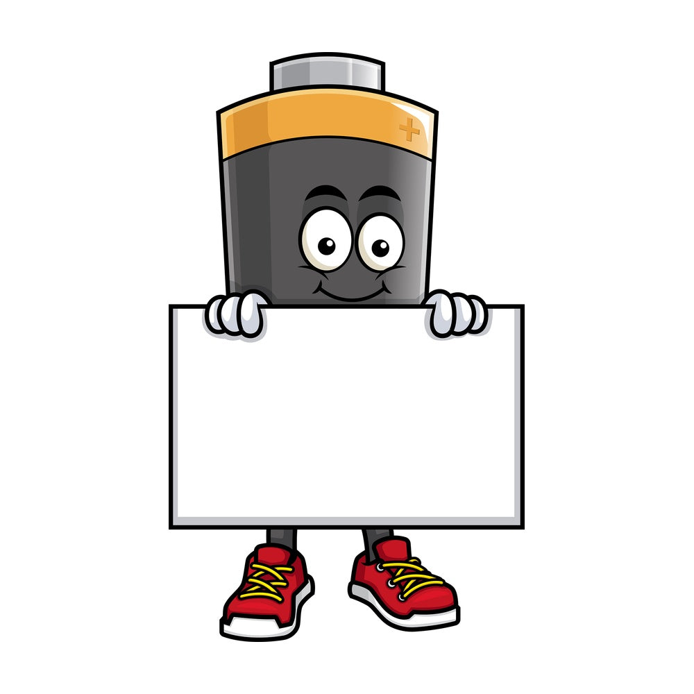 Battery mascot holding empty sign. PNG - JPG and vector EPS (infinitely scalable).