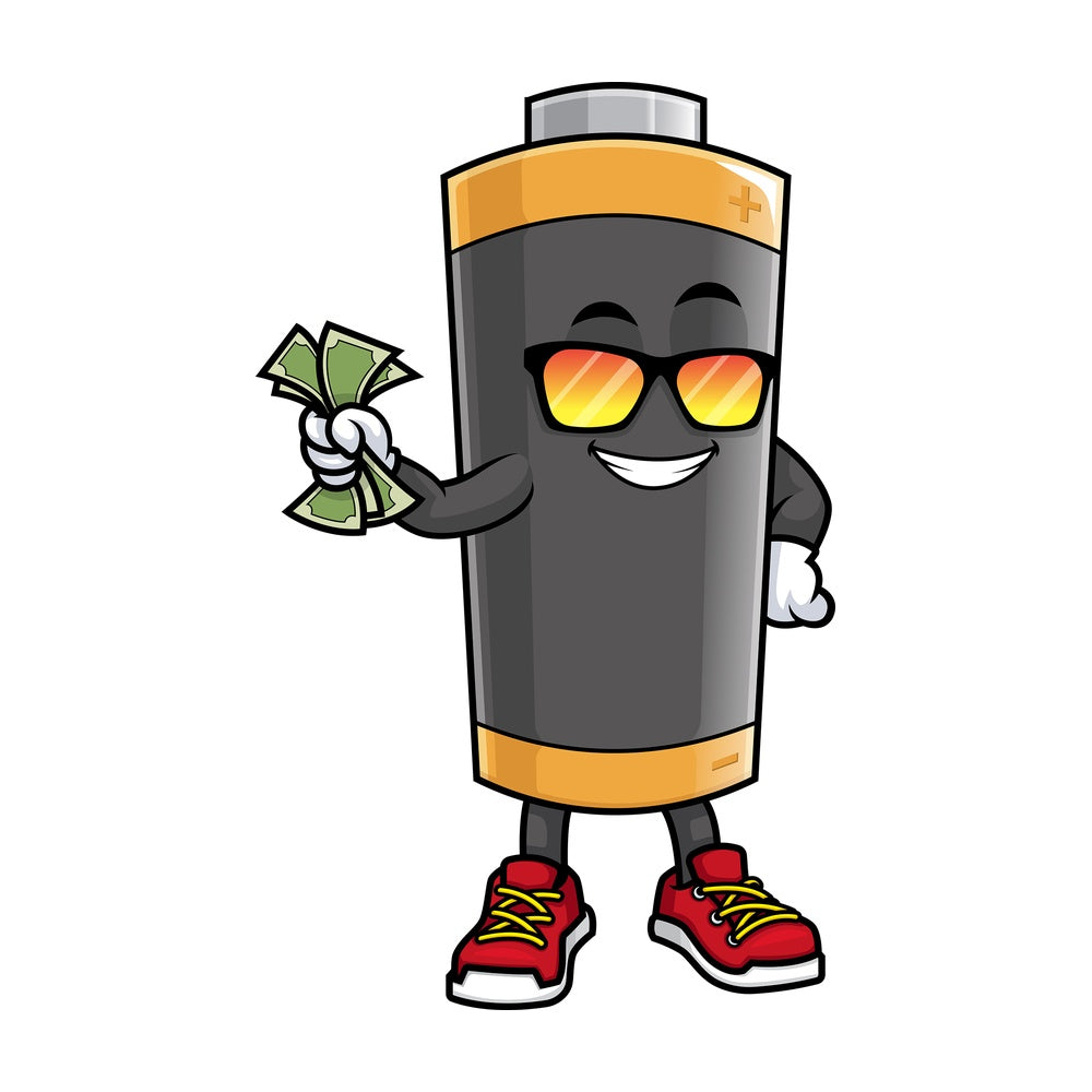 Battery mascot holding money. PNG - JPG and vector EPS (infinitely scalable).