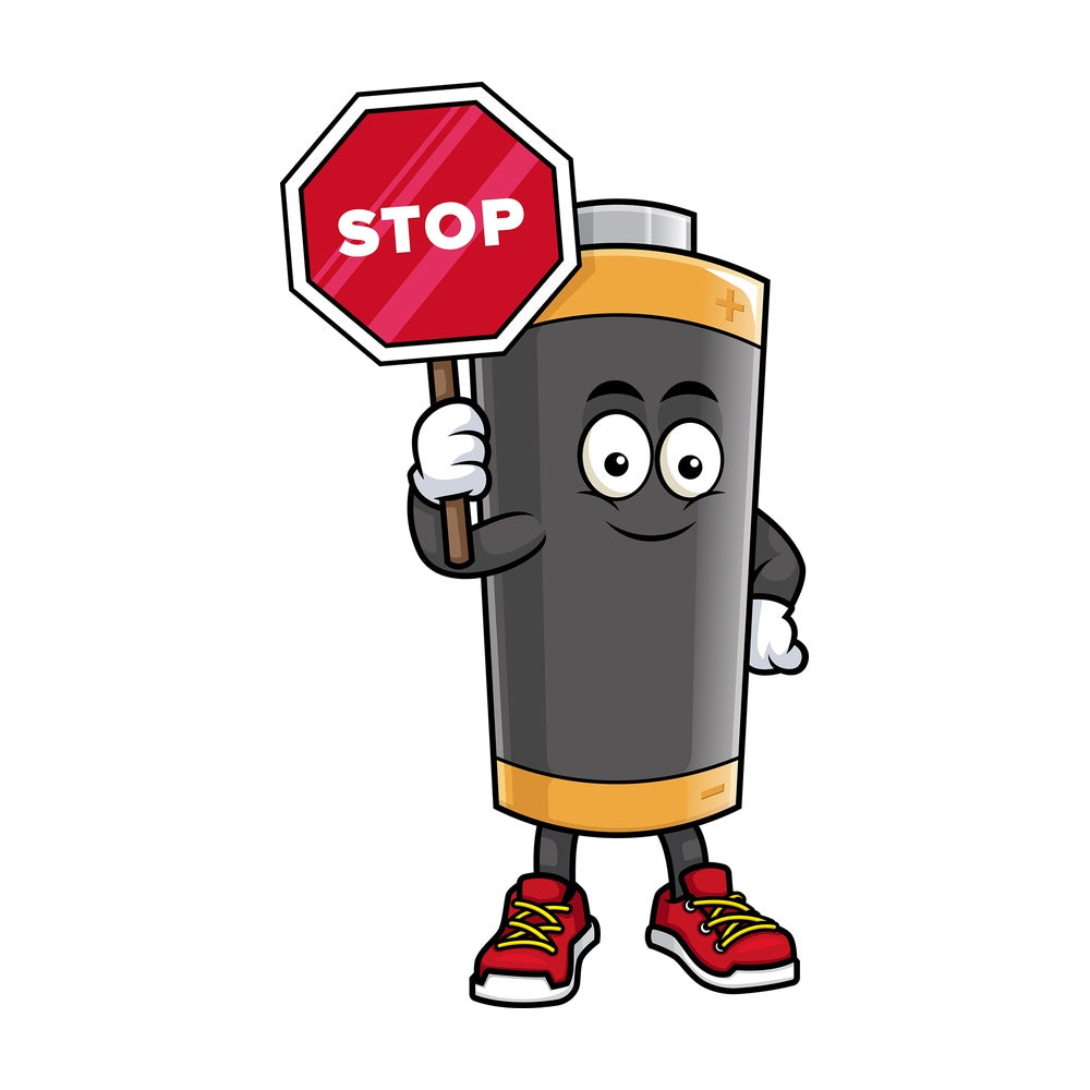 Battery mascot holding stop sign. PNG - JPG and vector EPS (infinitely scalable).