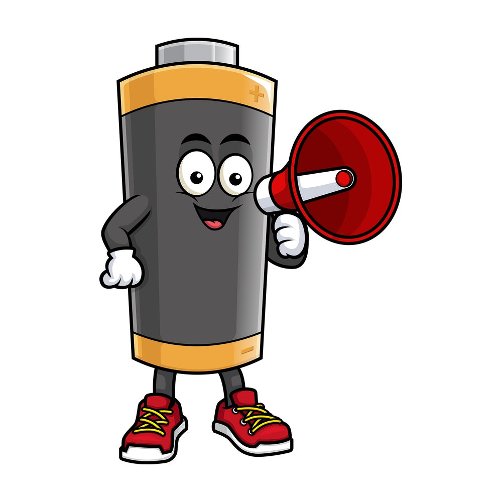 Battery mascot holding loudspeaker. PNG - JPG and vector EPS (infinitely scalable).